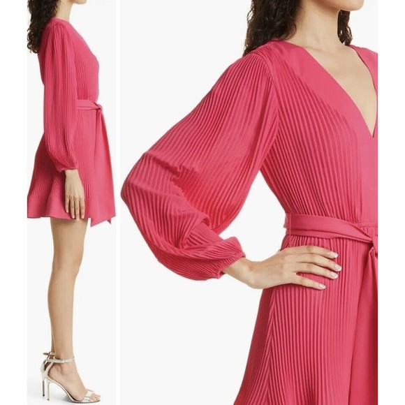 Milly Liv Pleated Belted Long Sleeve Dress In Milly Mink Size 0 $395.00 Barbie - Picture 9 of 16